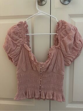 Astr Blush Pink Puff Sleeve Smocked Button-Front Top